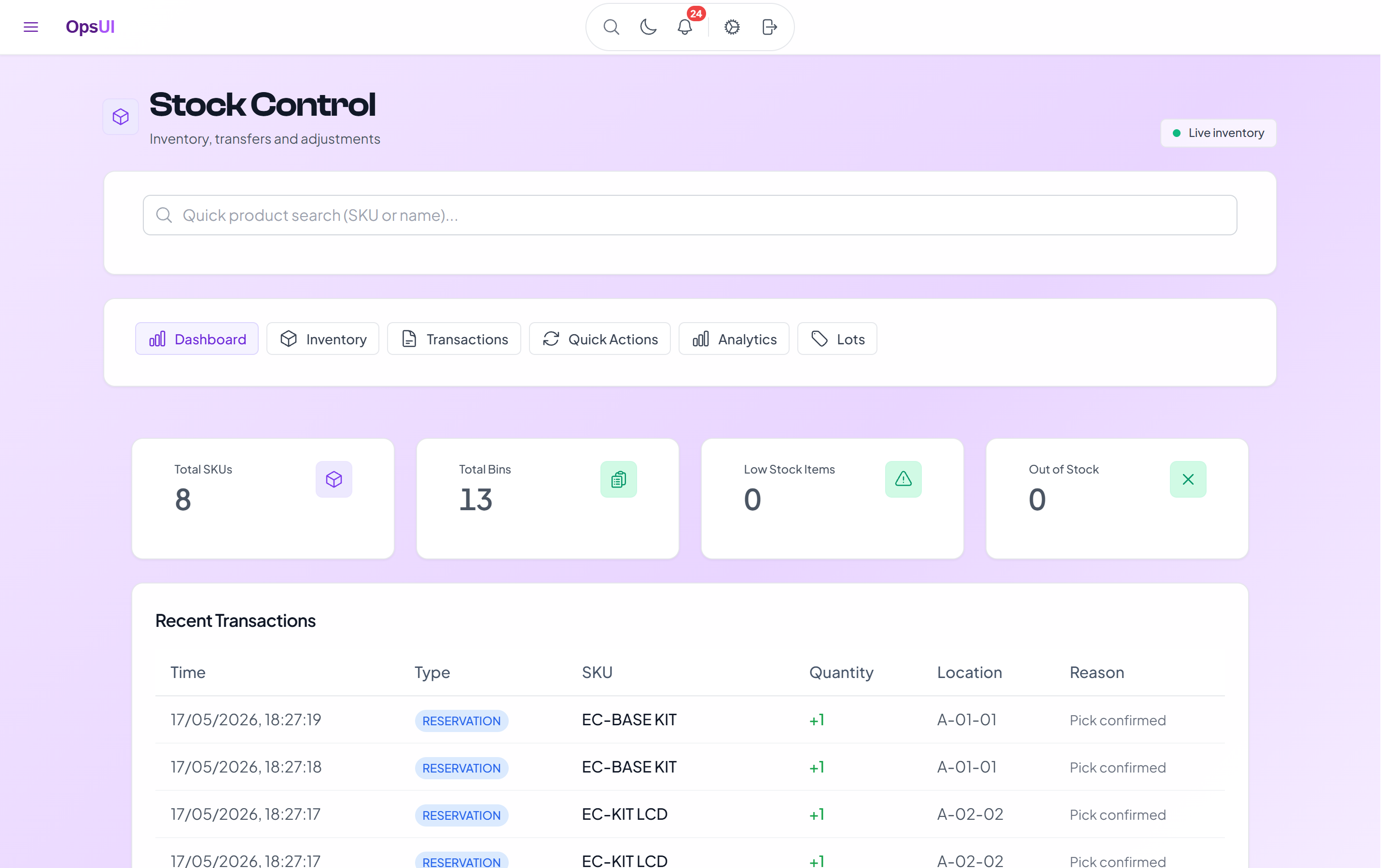 Inventory Management module — OpsUI product screenshot