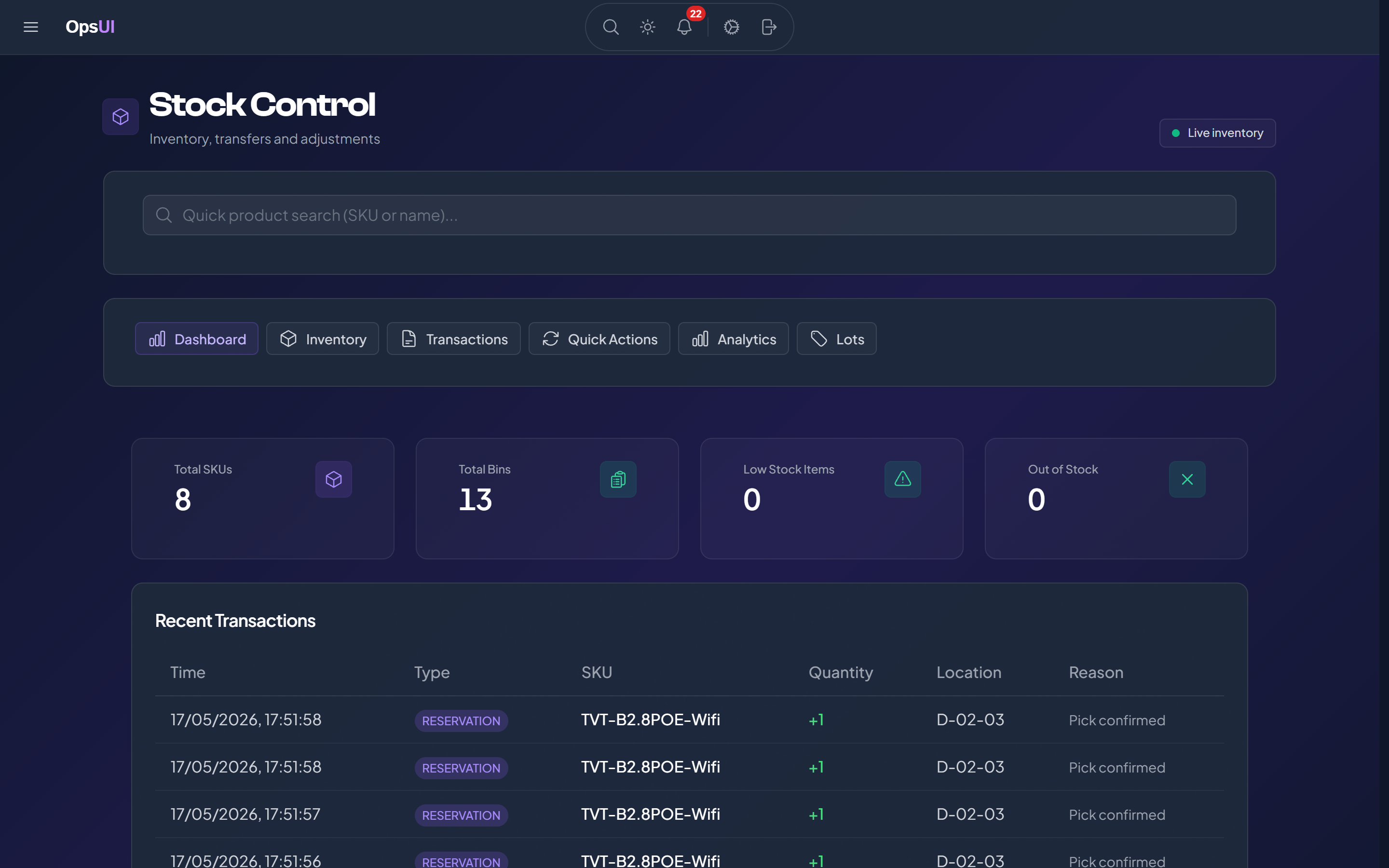 Inventory module screenshot — SKU, bin, batch, serial, multi-location